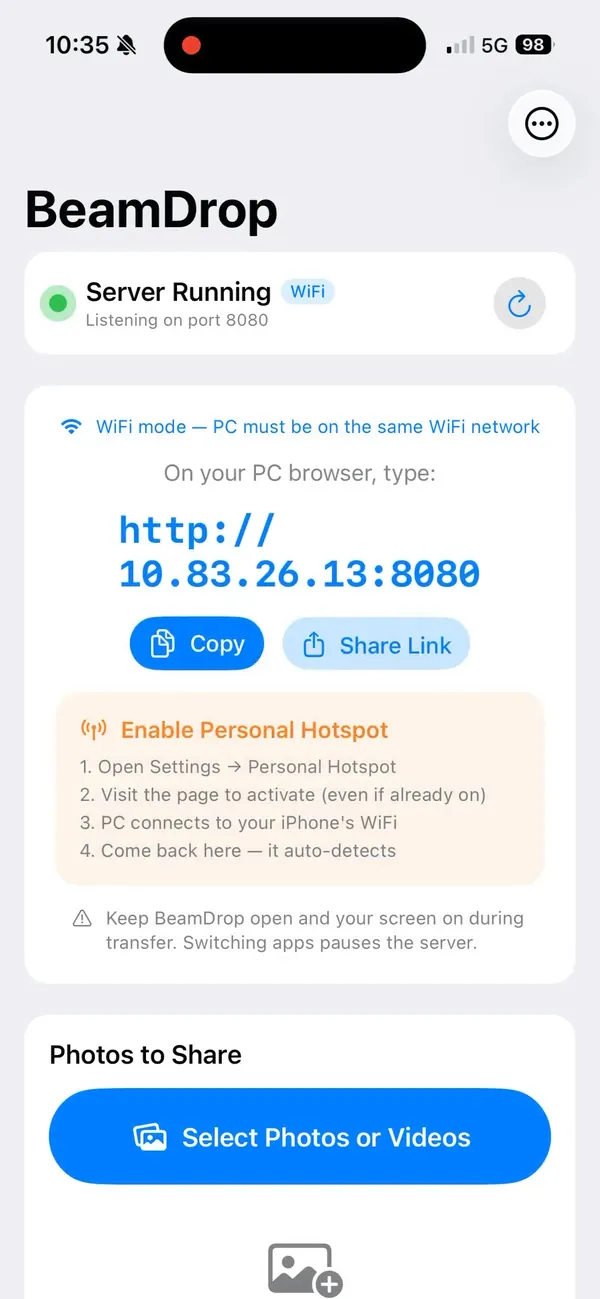 BeamDrop first launch on iPhone asking to allow access to photos