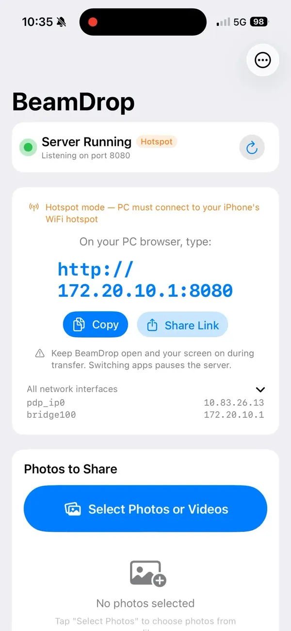 BeamDrop showing the local URL to enter on a PC browser