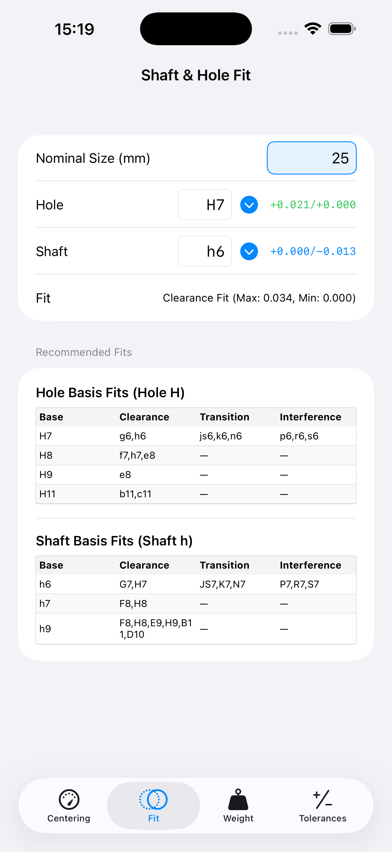 Shaft and hole fit screenshot