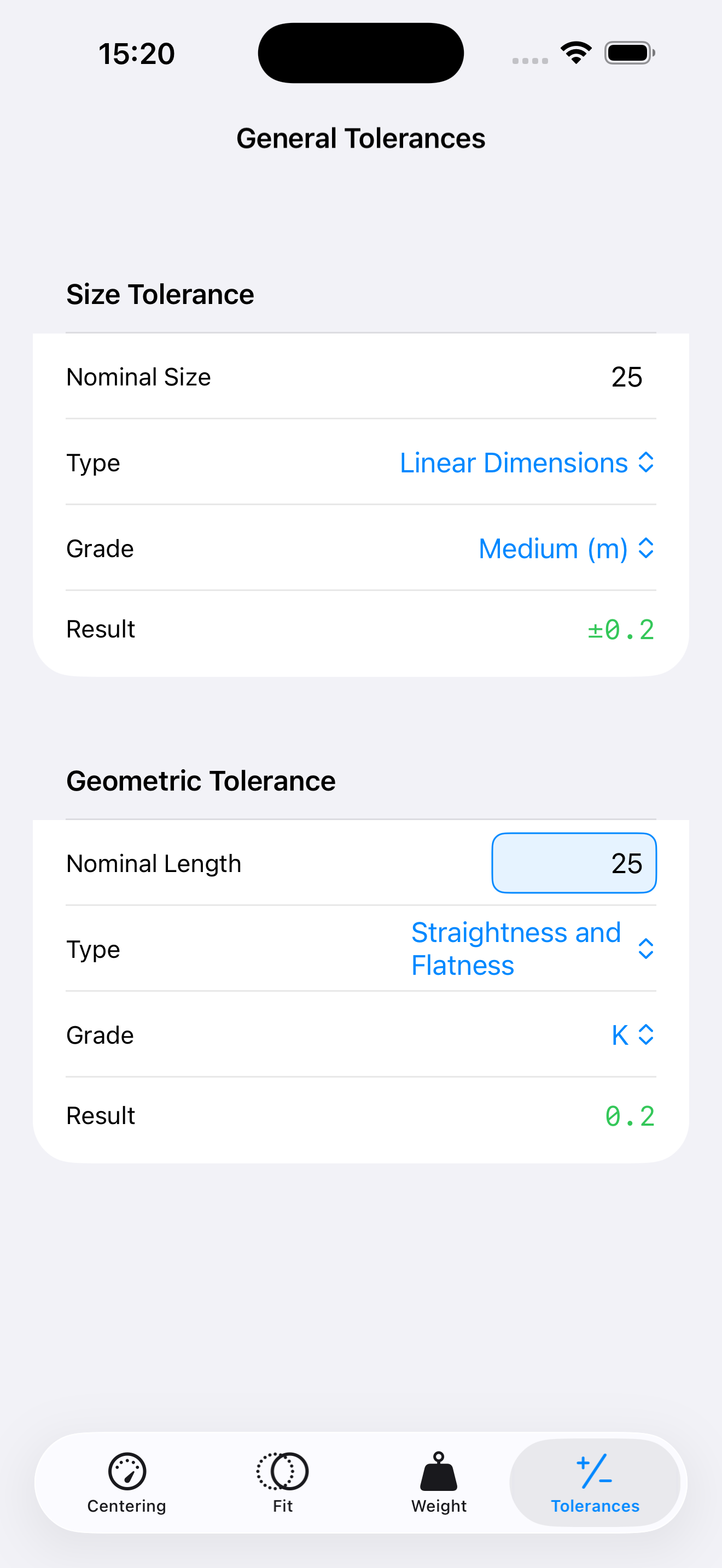 Tolerances screenshot