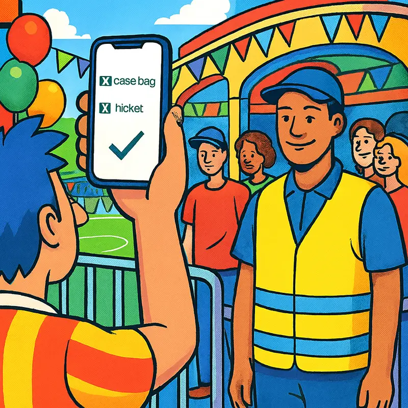 Fan at stadium gate checking prohibited items list on iPhone before security