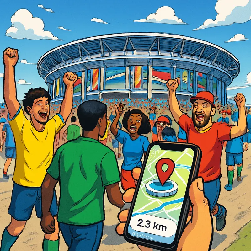 Fan walking toward a stadium checking the WC26 app on iPhone for directions