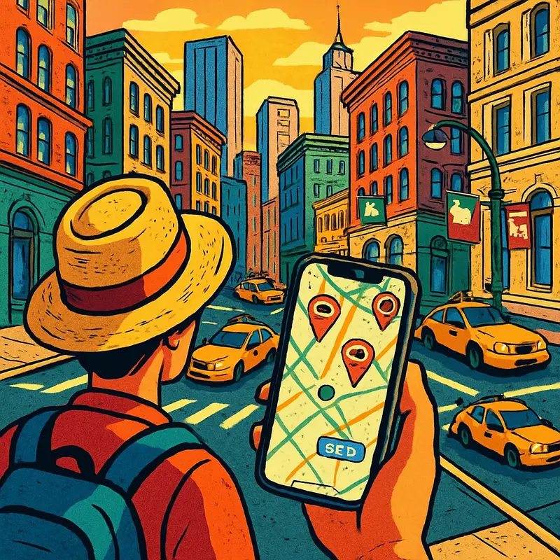 Tourist in city using GPS map on iPhone to find nearest stadium