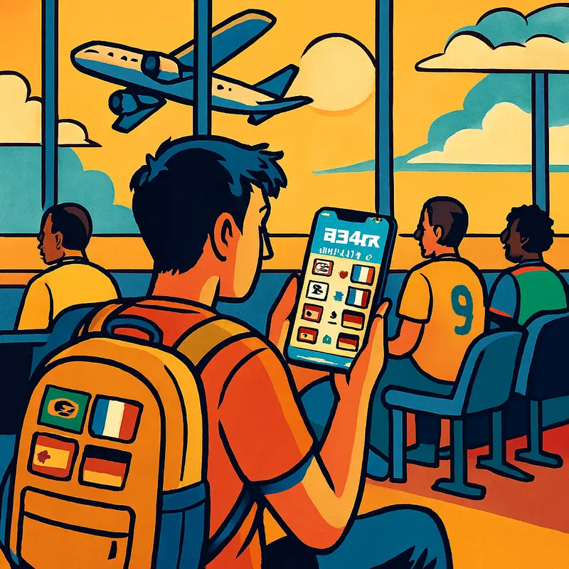 Traveler at airport viewing 2026 match schedule on iPhone with countdown