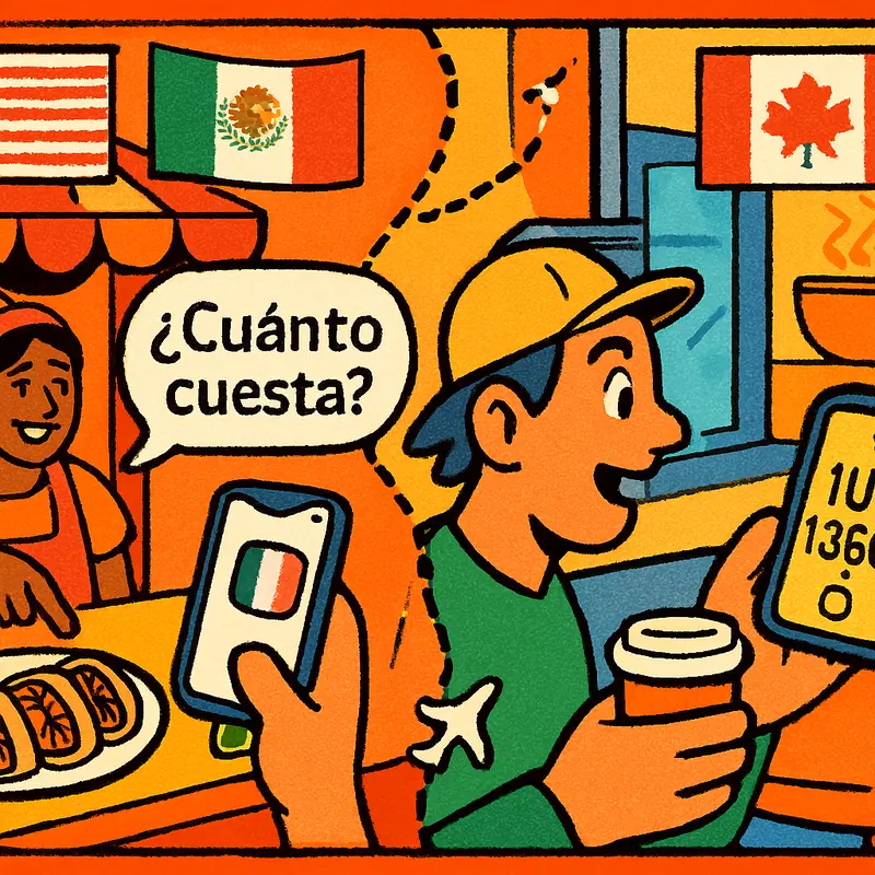 Fan using currency converter and Spanish phrases at Mexico street food stand