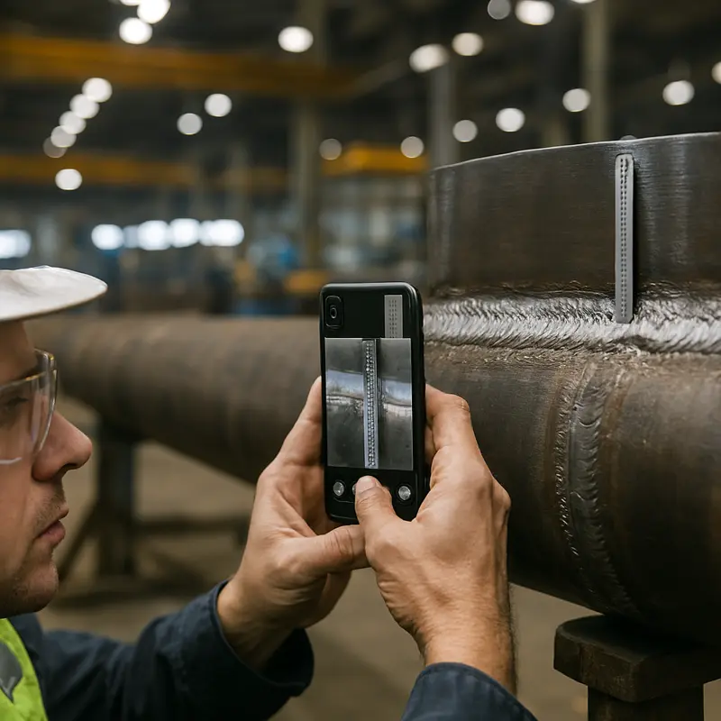 Inspector photographing a pipe butt weld on site